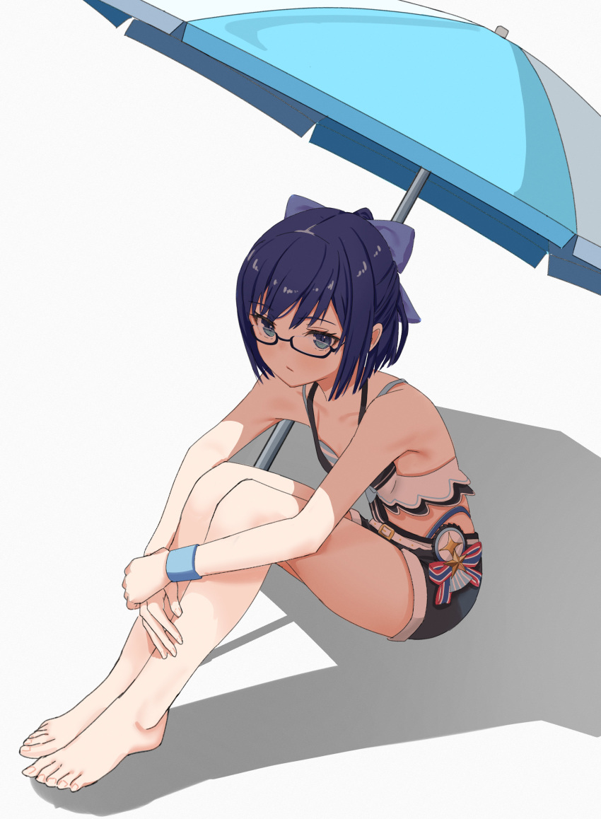 1girl a-chan_(hololive) absurdres alternate_costume bare_legs bare_shoulders barefoot beach_umbrella belt black-framed_eyewear blue_bow blue_eyes blue_hair bow breasts closed_mouth collarbone commentary_request deenamaito eyelashes feet glasses grey_background hair_bow hands_on_own_legs highres hololive hololive_summer_2023_swimsuit knees_up legs legs_together looking_at_viewer on_ground shadow short_hair sidelocks simple_background sitting small_breasts solo thighs toes umbrella virtual_youtuber white_belt
