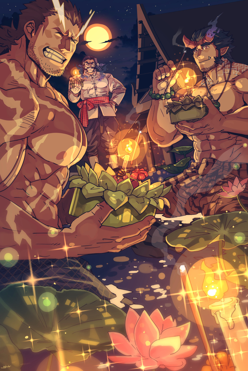 3boys absurdres animal_print bara beard beard_stubble blue_hair broken_horn candle closed_mouth commentary daikoku_(housamo) dark_blue_hair demon_boy demon_horns facial_hair fiery_horns flower full_body full_moon grin halo_behind_head highres holding horns kratong large_pectorals lit_candle long_sideburns lotus male_focus mature_male moon multiple_boys muscular muscular_male night partially_submerged pectorals rybiok scar scar_on_arm scar_on_chest scar_on_neck scar_on_shoulders short_hair sideburns smile sparkle stubble taishakuten_(housamo) takemaru_(housamo) thai_clothes thick_eyebrows tiger_print tokyo_afterschool_summoners topless_male traditional_clothes tusks upper_body