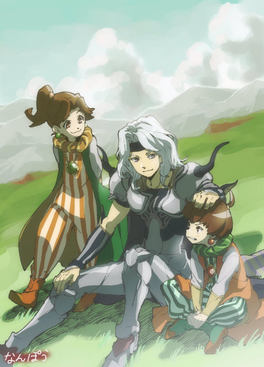 1girl 2boys armor brother_and_sister brown_eyes brown_hair cape cecil_harvey closed_mouth cloud earrings final_fantasy final_fantasy_iv full_body highres jewelry multiple_boys nanpou_(nanpou0021) palom ponytail porom short_hair siblings sitting smile