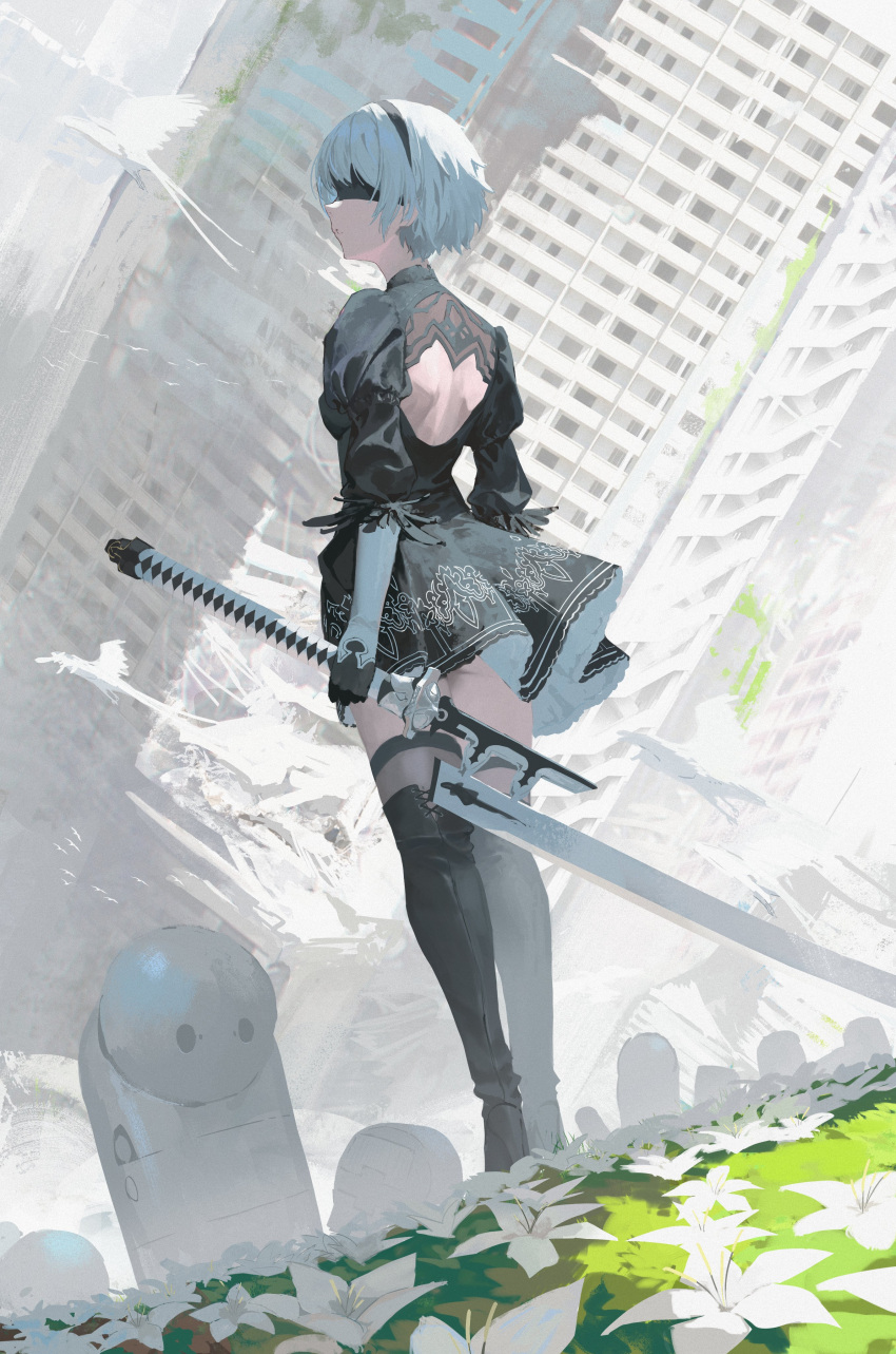 1girl absurdres back_cutout bird black_blindfold black_dress black_footwear black_hairband blindfold boots building closed_mouth clothing_cutout collapsing darr1o day dress elbow_gloves feather-trimmed_sleeves flower full_body gloves grass hairband highres holding holding_sword holding_weapon juliet_sleeves long_sleeves nier:automata nier_(series) outdoors puffy_sleeves ruins short_hair solo standing sword thigh_boots weapon white_bird white_flower white_gloves white_hair yorha_no._2_type_b