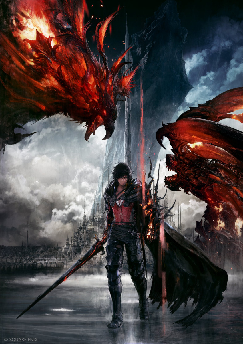 1boy black_hair cape castle clive_rosfield cloud cloudy_sky copyright cover final_fantasy final_fantasy_xvi glowing glowing_eyes glowing_hand highres horns ifrit_(final_fantasy) key_visual logo looking_at_viewer official_art phoenix_(final_fantasy) promotional_art sky square_enix standing sword takahashi_kazuya textless_version video_game_cover weapon