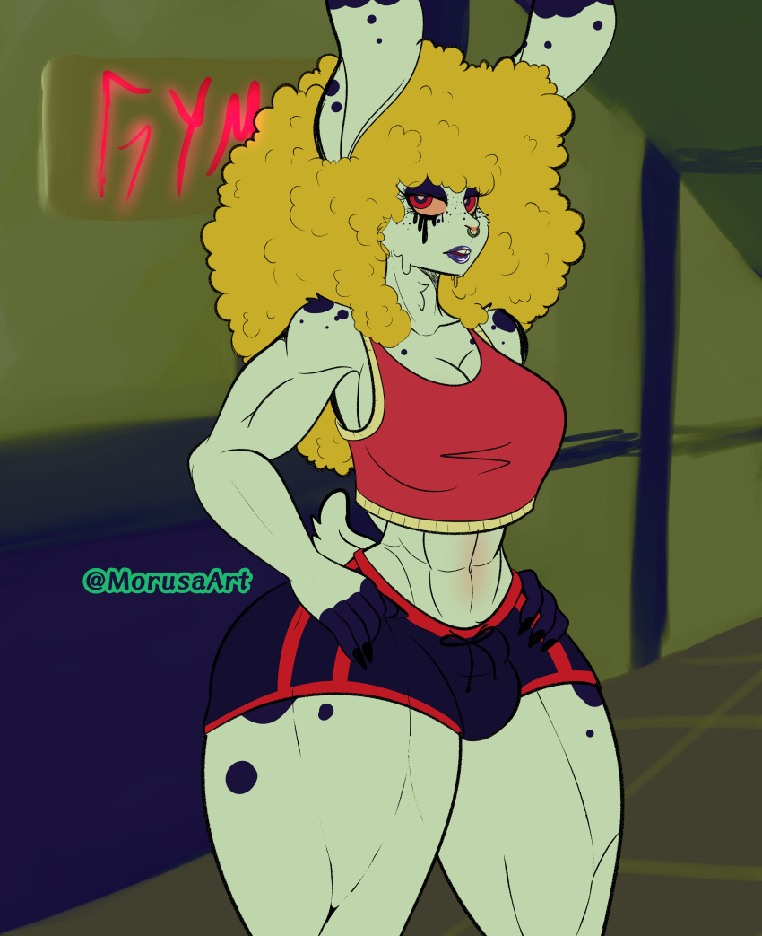 absurd_res afro bulge clothing female fitness hi_res lagomorph leporid makeup mammal morusaart muscular muscular_female piercing piercing_nose rabbit solo tamago_(morusaart)