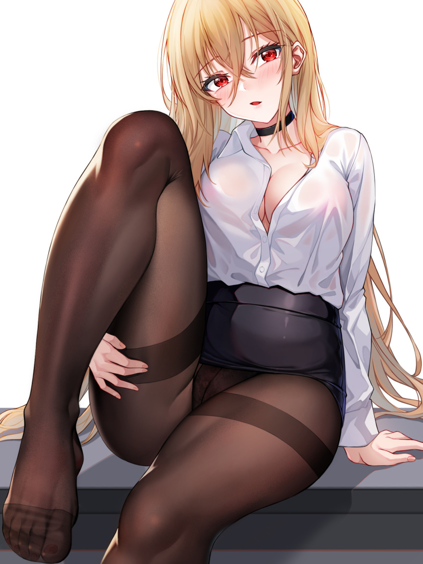 1girl azur_lane black_choker black_skirt blonde_hair breasts brown_pantyhose choker cleavage commentary foot_out_of_frame high-waist_skirt highres implacable_(azur_lane) implacable_(shepherd_of_the_"lost")_(azur_lane) large_breasts leg_up long_hair long_sleeves marc09 nail_polish office_lady official_alternate_costume panties panties_under_pantyhose pantyhose partially_unbuttoned pencil_skirt red_eyes shirt shirt_tucked_in simple_background sitting skirt solo thighband_pantyhose toenail_polish toenails underwear very_long_hair white_background white_shirt