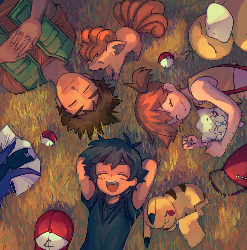 ash_ketchum bird black_hair brock_(pokemon) brown_hair closed_eyes closed_mouth duck grass highres malan misty_(pokemon) multiple_boys open_mouth orange_hair pikachu poke_ball pokemon pokemon_(anime) pokemon_(classic_anime) psyduck smile teeth togepi upper_teeth_only vulpix