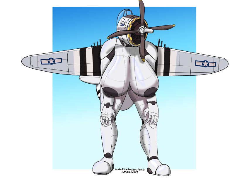 2023 absurd_res aircraft airplane anthro big_breasts blue_eyes breasts colored female genitals hands_on_knees hands_on_legs hanging_breasts hi_res huge_breasts leaning leaning_forward living_aircraft living_machine living_vehicle looking_at_viewer machine nipples nude p-47 p-47_thunderbolt panzerschreckleopard pauline_(ndragon3) pussy solo vehicle world_war_2