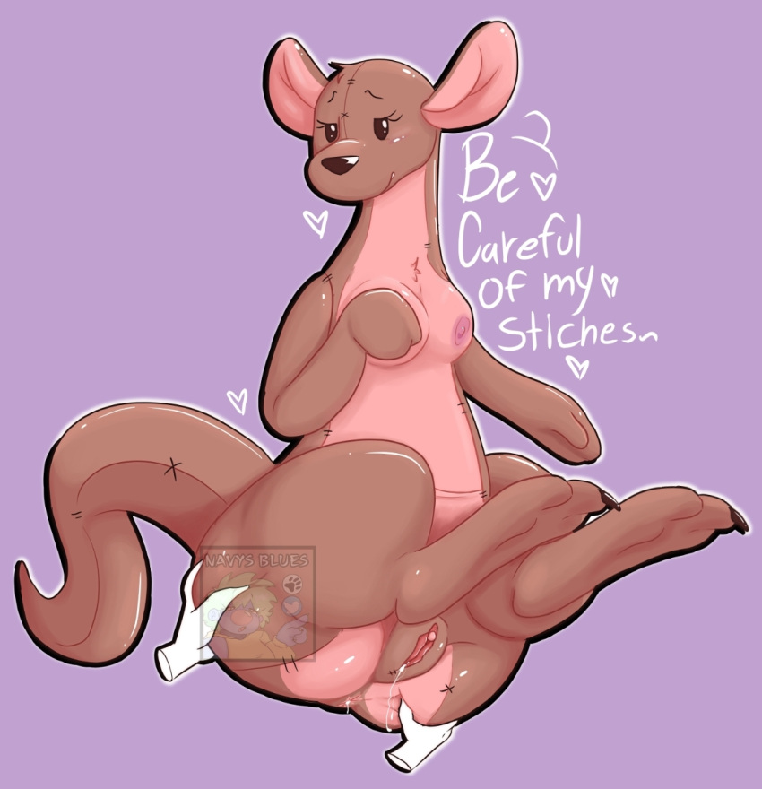 anthro anus blush bodily_fluids breasts butt charecter:kanga disney english_text female genital_fluids genitals hi_res kanga kangaroo looking_at_viewer macropod mammal marsupial navysblues nipples nude plushie pussy simple_background solo stitch_(disambiguation) text winnie_the_pooh_(franchise)