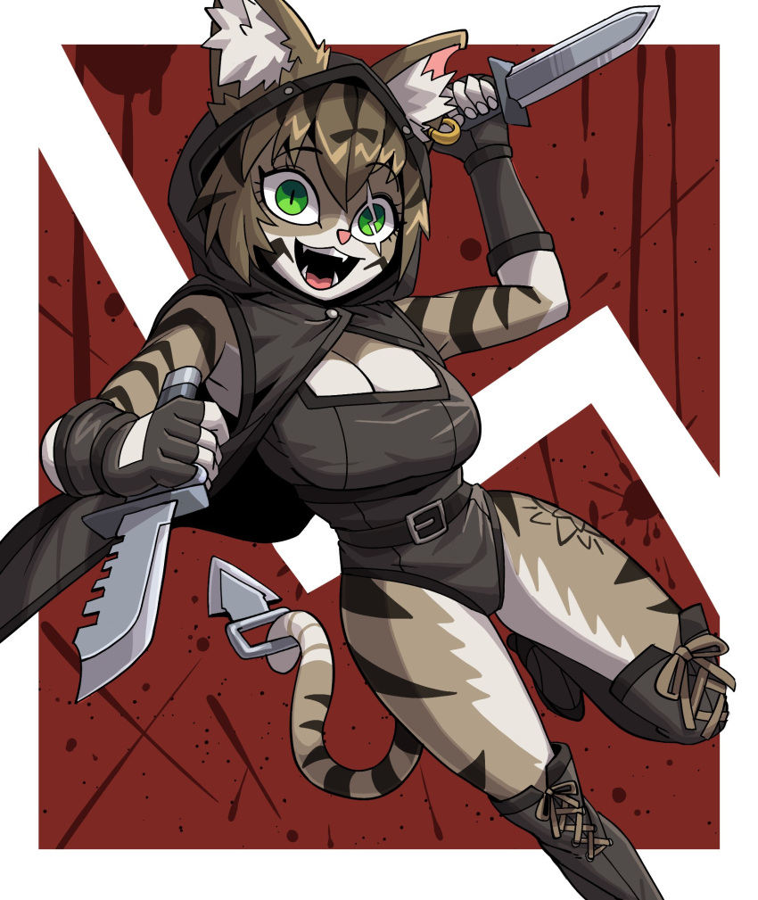 1girl animal_ears bare_shoulders bbtan96 belt black_gloves border breasts cat_ears cat_girl cat_tail commentary dagger ear_piercing english_commentary fingerless_gloves furry furry_female gloves green_eyes highres holding holding_dagger holding_knife holding_weapon hood kneehighs knife leotard looking_at_viewer open_mouth original outside_border piercing scar scar_on_face sharp_teeth sleeveless socks tail tattoo teeth vertical_pupils weapon white_border