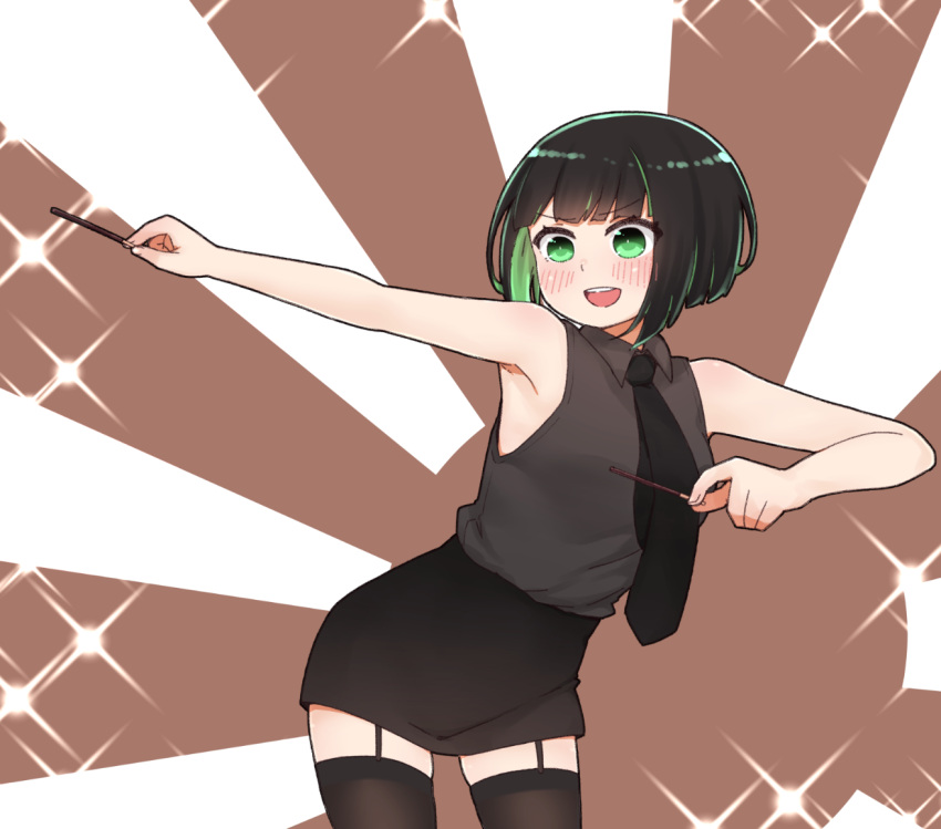 1girl :d allmind_(armored_core_6) armored_core armored_core_6 armpits bare_arms bare_shoulders black_hair black_necktie black_skirt blush breasts brown_thighhighs collared_shirt food garter_straps green_eyes green_hair grey_shirt holding holding_food i.u.y multicolored_hair necktie pocky shirt skirt sleeveless sleeveless_shirt small_breasts smile solo sparkle sunburst sunburst_background teeth thighhighs two-tone_hair upper_teeth_only v-shaped_eyebrows