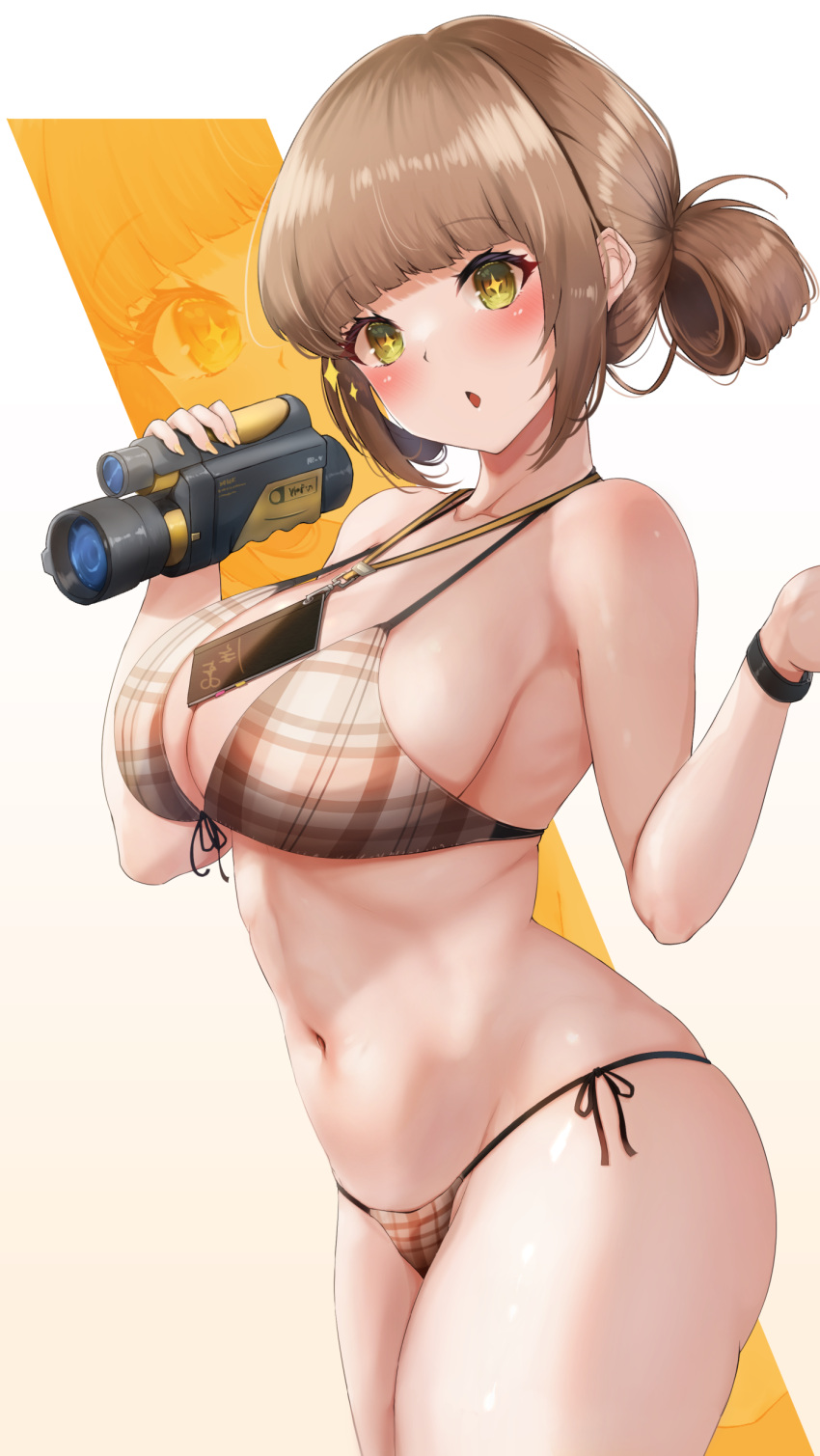 +_+ 1girl absurdres alternate_costume bare_shoulders bikini blunt_bangs blush breasts brown_bikini brown_hair camcorder cleavage closed_mouth collarbone commentary_request goddess_of_victory:_nikke green_eyes groin hair_bun halterneck highres holding_camcorder large_breasts looking_at_viewer medium_hair navel novel_(nikke) parted_lips plaid plaid_bikini revision side-tie_bikini_bottom sidelocks skindentation solo standing stomach string_bikini swimsuit video_camera yuu_cream zoom_layer