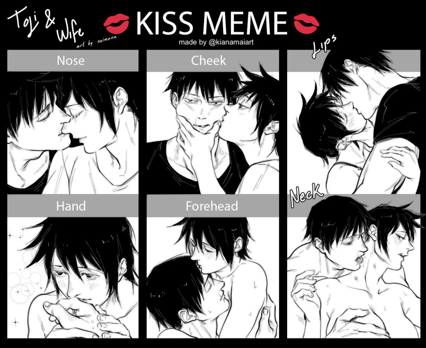 1boy 1girl breasts character_request hand_grab highres kiss kiss_(meme) kiss_chart kissing_cheek kissing_forehead kissing_hand kissing_neck kissing_nose large_breasts meme neimana short_hair