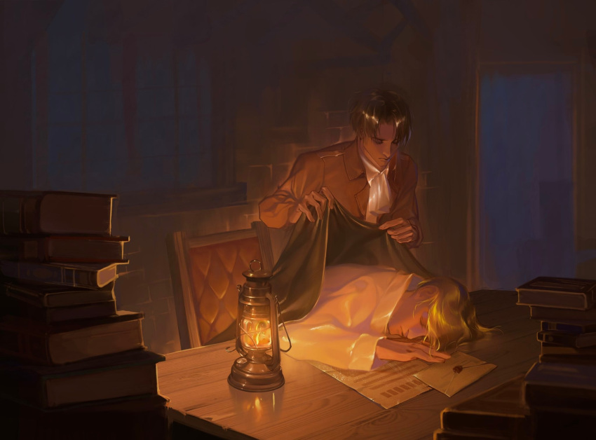 2boys ascot black_hair blonde_hair covering_with_blanket desk desk_lamp erwin_smith fire_light highres l.k_(lk_cyz) lamp levi_(shingeki_no_kyojin) male_focus multiple_boys on_desk paradis_military_uniform shingeki_no_kyojin short_hair sleeping thick_eyebrows yaoi