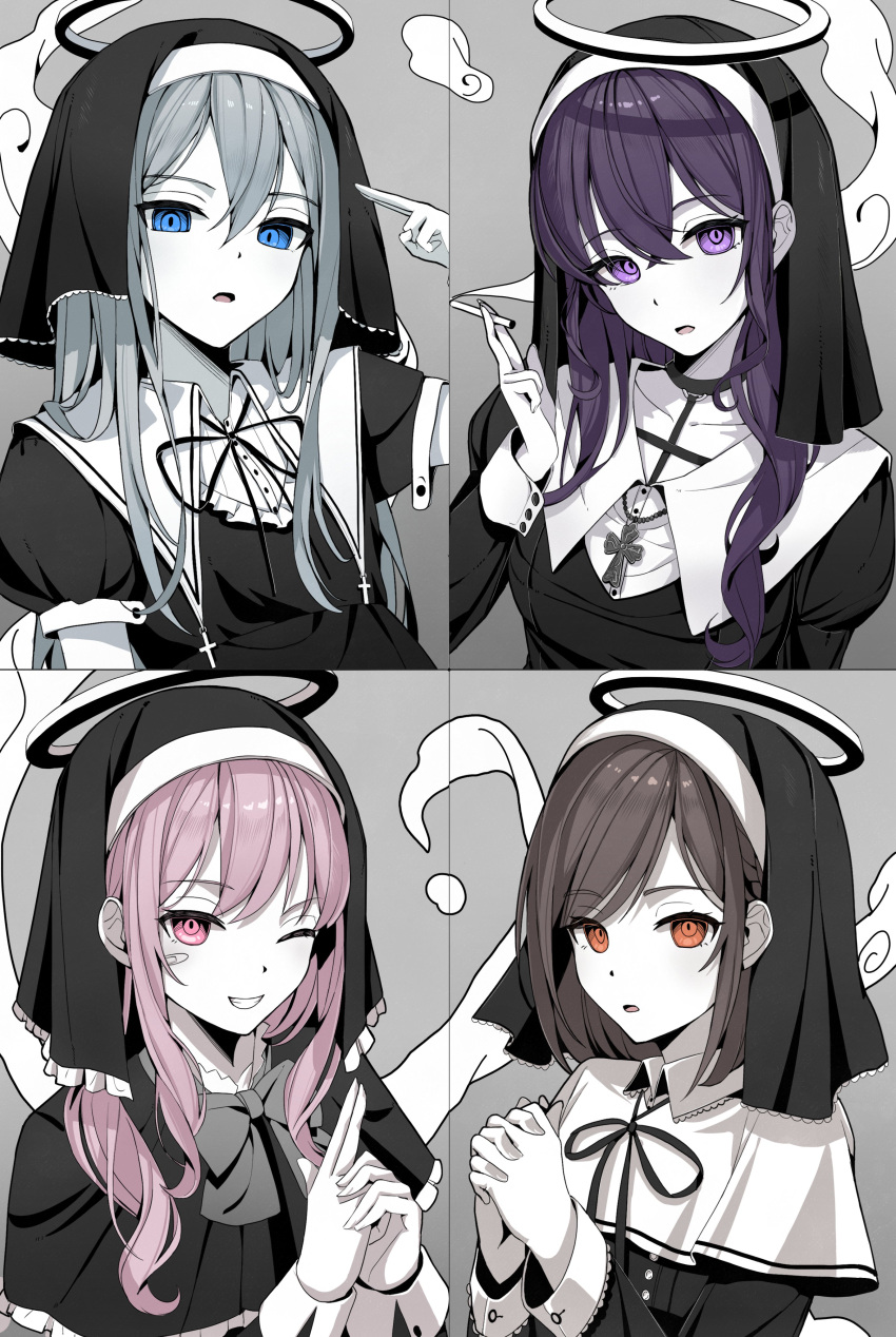 1other 25-ji_nightcord_de._(project_sekai) 3girls absurdres akiyama_mizuki asahina_mafuyu bandaid bandaid_on_face black_dress black_ribbon blue_eyes bow brown_eyes brown_hair cigarette collarbone cross cross_necklace dress finger_to_face grey_bow grey_hair habit hair_between_eyes halo highres holding holding_cigarette hya_ro jewelry long_hair long_sleeves looking_at_viewer multiple_girls neck_ribbon necklace nun one_eye_closed own_hands_clasped own_hands_together palms_together parted_lips pink_eyes pink_hair project_sekai purple_eyes purple_hair ribbon shinonome_ena short_hair short_sleeves smile upper_body yoisaki_kanade