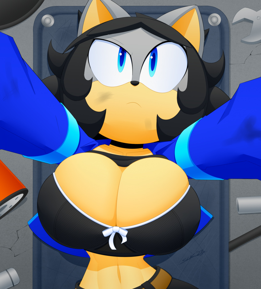 anthro big_breasts black_hair blue_eyes breasts cleavage_cutout clothed clothing crop_top female fixing grease hair hi_res huge_breasts jacket lying makia midriff mobian_hedgehog on_back open_clothing open_jacket open_topwear shirt short_hair slickehedge solo topwear