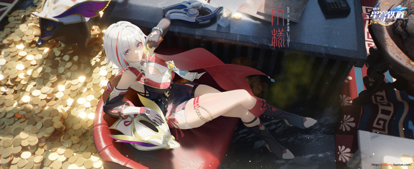 1girl absurdres ame999 bare_shoulders black_footwear black_gloves boots breasts chinese_commentary coin commentary_request copyright_name couch crossed_legs detached_sleeves elbow_gloves from_above gloves highres holding holding_coin honkai:_star_rail honkai_(series) indoors large_breasts looking_at_viewer looking_up mole mole_on_thigh multicolored_hair numby_(honkai:_star_rail) purple_eyes red_hair single_detached_sleeve sitting smile solo streaked_hair thighs topaz_(honkai:_star_rail) two-tone_hair white_hair