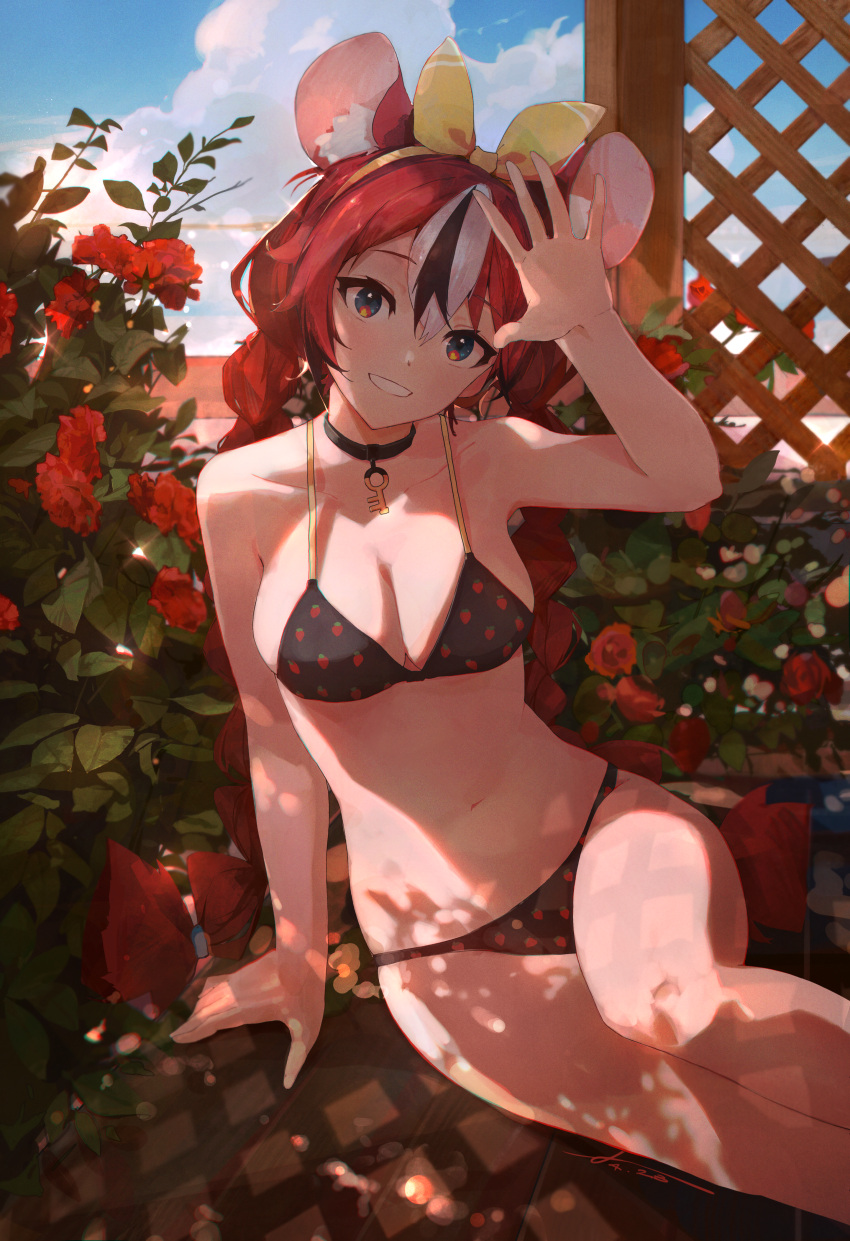 1girl absurdres animal_ears bare_shoulders bikini black_choker blue_eyes bow braid breasts bush choker cleavage cloud day fence flower food_print grin hair_bow hakos_baelz hand_up highres hololive hololive_english jushoro key leaning_to_the_side long_hair medium_breasts mouse_ears mouse_girl multicolored_hair navel print_bikini red_flower red_hair red_rose rose sitting sky smile solo stomach strawberry_print streaked_hair swimsuit thighs twin_braids virtual_youtuber yellow_bow