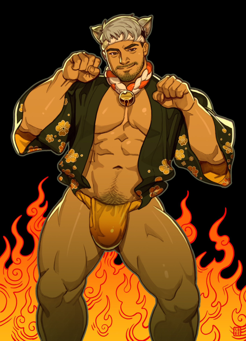 1boy abs absolum_art animal_ears bara bulge cat_boy cat_ears closed_mouth facial_hair fundoshi grey_hair headband highres japanese_clothes large_pectorals male_focus male_pubic_hair muscular muscular_male navel open_clothes orange_fundoshi original pectorals pubic_hair short_hair smile solo thick_thighs thighs