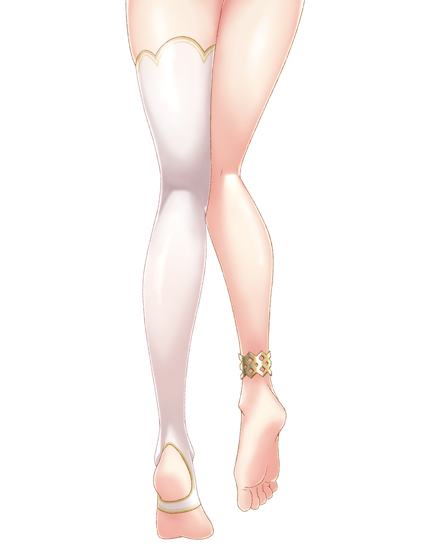 1girl absurdres anklet barefoot ceres_fauna commentary english_commentary feet highres hikigaya_0926 hololive hololive_english jewelry kneepits knees_together_feet_apart legs lower_body no_shoes shiny_skin simple_background single_thighhigh soles solo standing standing_on_one_leg stirrup_legwear thighhighs thighs tiptoes toeless_legwear toes virtual_youtuber white_background white_thighhighs