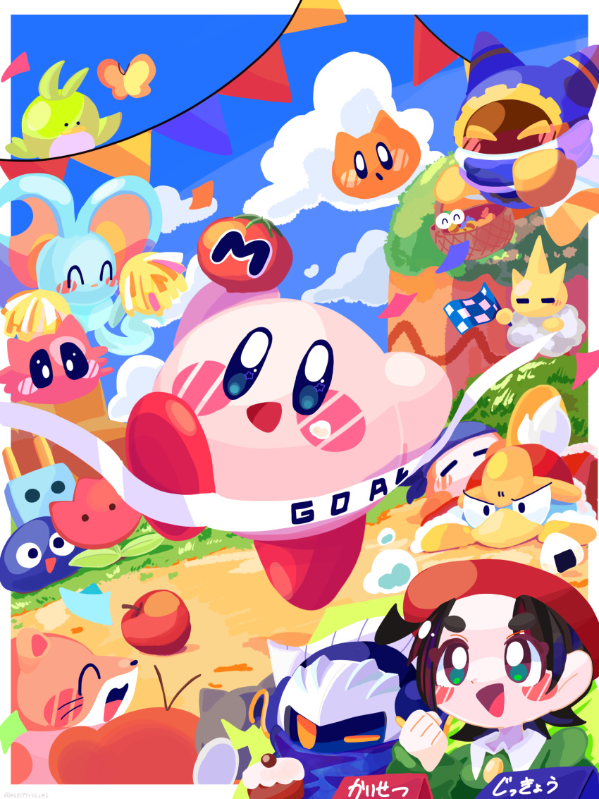 :d :o ^_^ adeleine apple arms_up bandana bandana_waddle_dee basket beret bird black_hair blue_bandana blue_cape blue_eyes blue_sky blush blush_stickers border bug butterfly cake cape capiller_(kirby) character_request checkered_flag clenched_hand closed_eyes cloud collared_shirt commentary_request confetti day elfilin fallen_down finish_line flag flower food fruit fur-trimmed_jacket fur_trim gooey_(kirby) grass green_eyes green_shirt hand_up hat highres hill holding holding_basket holding_flag holding_food holding_pom_poms jacket king_dedede kirby kirby_(series) long_sleeves looking_at_viewer magolor mask maxim_tomato meta_knight n-z omame_sakana on_cloud onigiri open_mouth outdoors outside_border parted_bangs path pennant pitch_(kirby) plugg_(kirby) pom_pom_(cheerleading) racing red_flower red_headwear red_jacket running scarfy shirt short_hair sky smile string_of_flags tomato tulip_(kirby) v-shaped_eyebrows waddle_doo whiskers_(kirby) white_border yellow_butterfly zoos_(kirby)