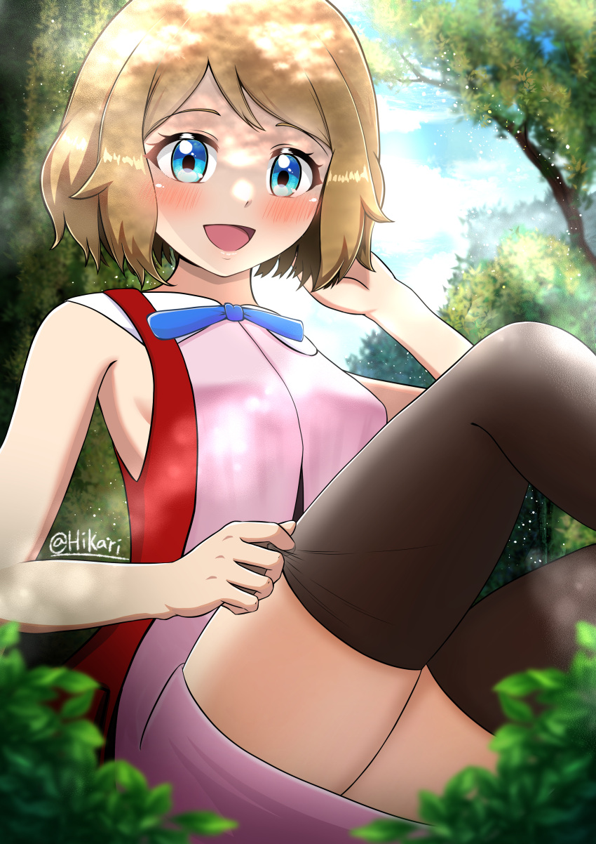 1girl :d absurdres adjusting_clothes adjusting_legwear bare_arms blonde_hair blue_eyes blue_ribbon blurry blush breasts brown_thighhighs cloud commentary_request day dress eyelashes hand_up highres hikari_(knuckles97) looking_down neck_ribbon open_mouth outdoors pink_dress pokemon pokemon_(anime) pokemon_xy_(anime) ribbon serena_(pokemon) short_hair sitting sky smile solo thighhighs thighs tongue tree