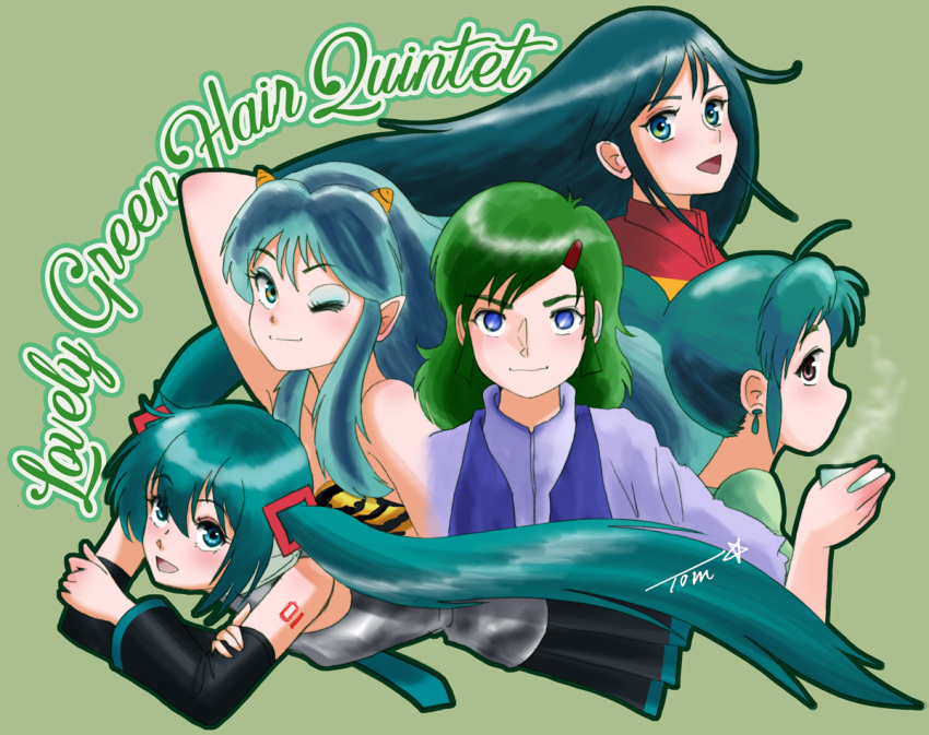 5girls animal_print aqua_eyes blue_bow blue_bowtie bow bowtie brown_hair choudenji_robo_combattler_v chutohampa cup detached_sleeves elchi_cargo english_text green_background green_hair hair_ornament hairclip hatsune_miku hatsuseno_alpha holding holding_cup jacket long_hair look-alike looking_at_viewer lum medium_hair multiple_girls nanbara_chizuru one_eye_closed open_mouth pleated_skirt pointy_ears sentou_mecha_xabungle sidelocks signature simple_background skirt sleeveless tiger_print urusei_yatsura vocaloid yokohama_kaidashi_kikou