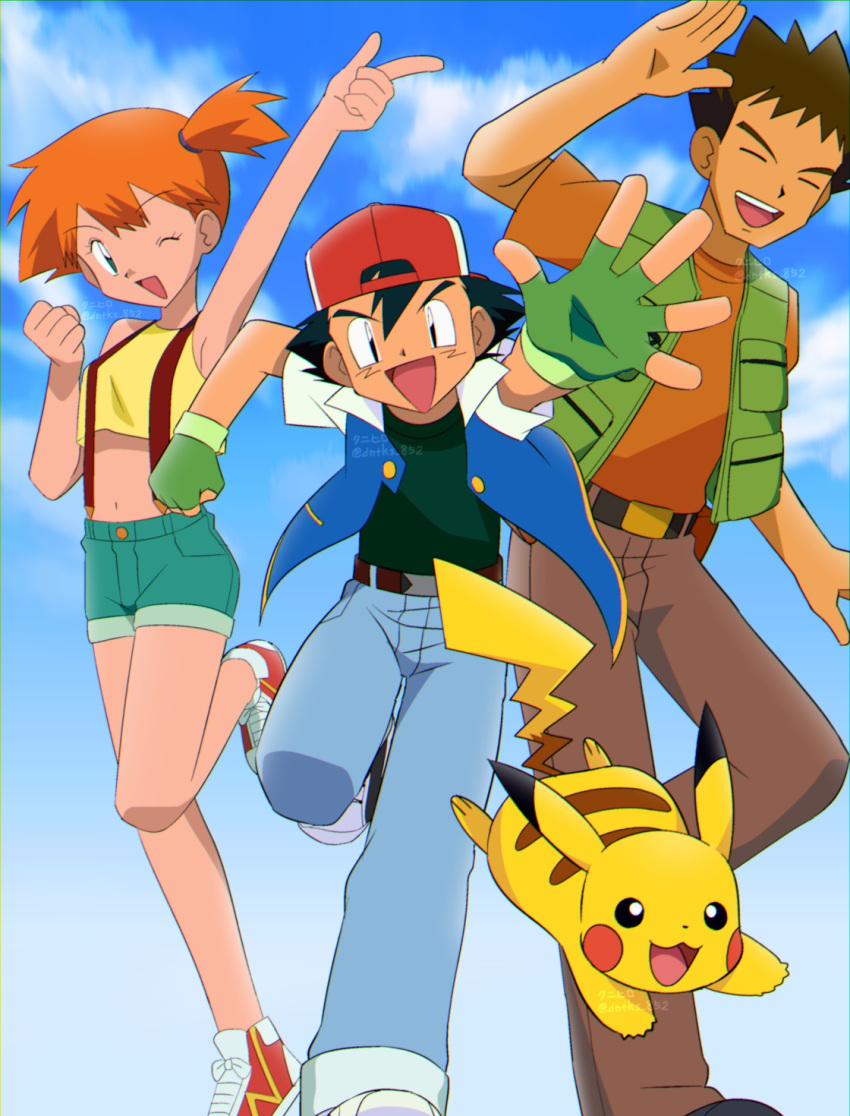 1girl 2boys :d ;d arm_up ash_ketchum backwards_hat bare_legs belt belt_buckle black_footwear black_hair black_shirt blue_jacket brock_(pokemon) brown_belt brown_hair brown_pants buckle clenched_hand closed_eyes cloud commentary_request day fingerless_gloves gloves green_gloves green_shorts green_vest hand_up hat highres index_finger_raised jacket knhrpnkt leg_up looking_at_viewer misty_(pokemon) multiple_boys one_eye_closed open_clothes open_jacket open_mouth orange_hair orange_shirt outdoors pants pikachu pokemon pokemon_(anime) pokemon_(classic_anime) pokemon_(creature) red_headwear shirt shoes short_hair short_shorts short_sleeves shorts side_ponytail sky sleeveless sleeveless_shirt smile sneakers spiked_hair suspenders t-shirt tongue twitter_username vest watermark yellow_shirt