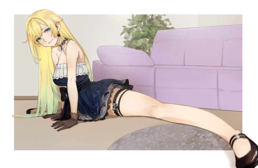 1girl aizawa_ema bare_shoulders black_gloves blonde_hair blue_eyes blue_hair border breasts cat_earrings choker cleavage couch criss-cross_halter dress gloves gradient_hair hair_flaps halterneck hands_on_floor lace lace-trimmed_choker lace_choker lace_gloves lace_trim large_breasts long_hair looking_at_viewer masato_(mirai_koubou) multicolored_hair plant smile solo split very_long_hair virtual_youtuber vspo! white_border