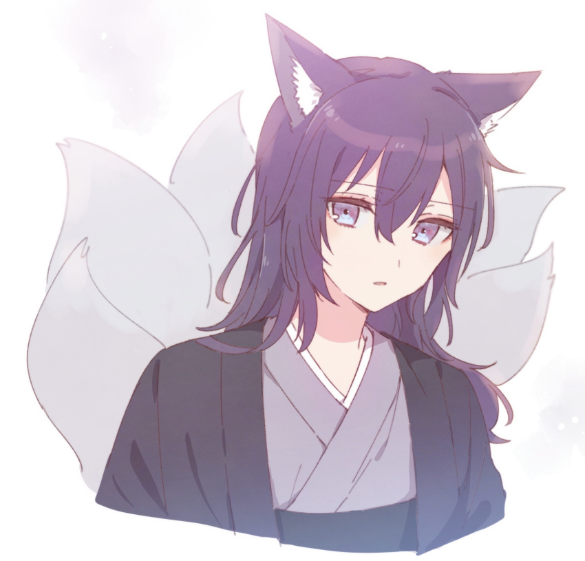 1girl animal_ear_fluff animal_ears asahina_mafuyu cropped_torso fox_ears fox_girl fox_tail grey_kimono highres japanese_clothes kemonomimi_mode kimono kitsune long_hair looking_at_viewer open_clothes parted_lips project_sekai purple_eyes purple_hair simple_background solo sorimachi-doufu tail upper_body white_background