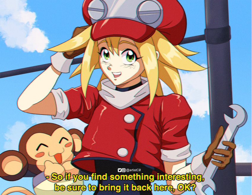 1girl artistc0 black_bodysuit blonde_hair bodysuit brown_gloves cropped_legs data_(mega_man) english_text gloves green_eyes highres holding holding_wrench looking_at_viewer mega_man_(series) mega_man_legends monkey open_mouth red_headwear red_shirt roll_caskett_(mega_man) shirt signature sky smile subtitled teeth thumbs_up wrench