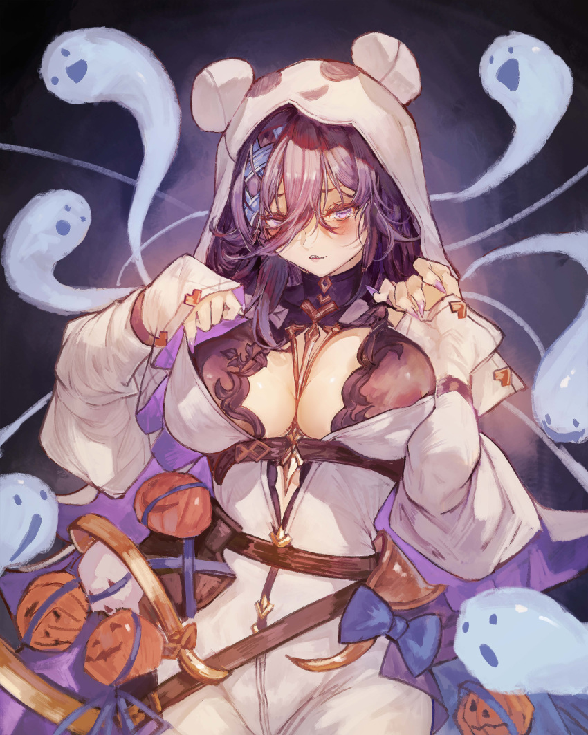 1girl absurdres alternate_costume animal_hood areola_slip breasts cleavage ghost granblue_fantasy halloween hands_up highres hood hood_up jack-o'-lantern large_breasts lich_(granblue_fantasy) long_sleeves medium_hair messy_hair partially_unzipped purple_eyes purple_hair realpha solo