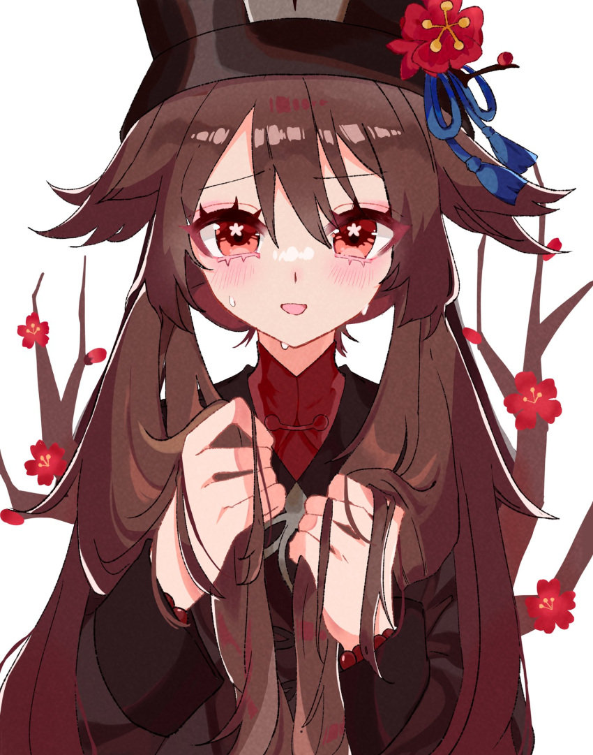 1girl black_coat blush branch brown_hair coat commentary_request flower flower-shaped_pupils genshin_impact hat hat_flower hat_tassel highres hu_tao_(genshin_impact) long_hair long_sleeves looking_at_viewer neinei orange_eyes parted_lips partial_commentary red_shirt shirt simple_background smile solo sweat symbol-shaped_pupils twintails upper_body white_background