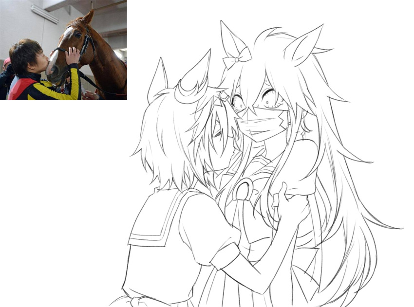 1boy 2girls arm_grab bow bowtie closed_eyes creature_and_personification durandal_(racehorse) ear_bow ear_ornament fukuro_(maruaru00) genderswap genderswap_(mtf) hair_between_eyes height_difference highres horse ikezoe_ken'ichi imitating imminent_kiss jockey kiss lineart long_hair long_sleeves mask messy_hair mouth_mask multiple_girls orfevre_(racehorse) orfevre_(umamusume) original personification photo-referenced photo_inset pleated_skirt puffy_short_sleeves puffy_sleeves real_life reins short_hair short_sleeves skirt umamusume upper_body very_long_hair waist_bow wide-eyed yuri