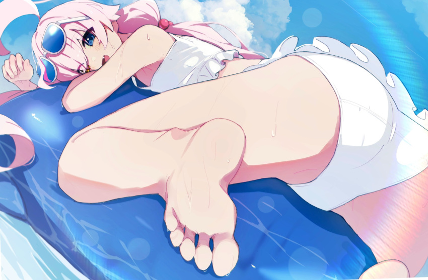 1girl ahoge ass bare_arms bare_legs bare_shoulders barefoot bikini blue_archive blue_eyes blue_sky blush cloud day fang feet flat_chest frilled_bikini frills from_behind hair_bobbles hair_ornament hair_over_one_eye halo heterochromia highres hoshino_(blue_archive) hoshino_(swimsuit)_(blue_archive) huge_ahoge kilabo legs lens_flare looking_at_viewer low_twintails official_alternate_costume open_mouth orange_eyes outdoors pink_hair sky smile soles solo summer sunlight sweat swept_bangs swimsuit thighs toes twintails wet white_bikini