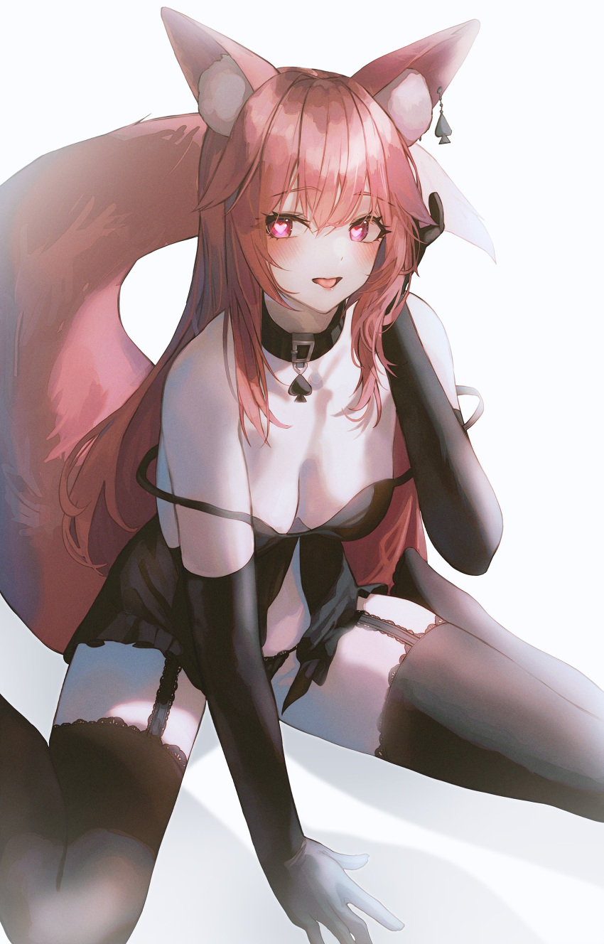 1girl absurdres animal_ear_fluff animal_ears babydoll bare_shoulders between_legs black_babydoll black_choker black_gloves black_panties black_thighhighs breasts choker cleavage commission elbow_gloves fox_ears fox_girl fox_tail garter_straps gloves hand_between_legs hand_up heart heart-shaped_pupils highres lingerie long_hair looking_at_viewer medium_breasts merryj no_shoes open_mouth original panties pink_eyes pink_hair sitting smile solo spaghetti_strap strap_slip string_panties symbol-shaped_pupils tail thighhighs thighs tongue tongue_out underwear underwear_only very_long_hair wariza