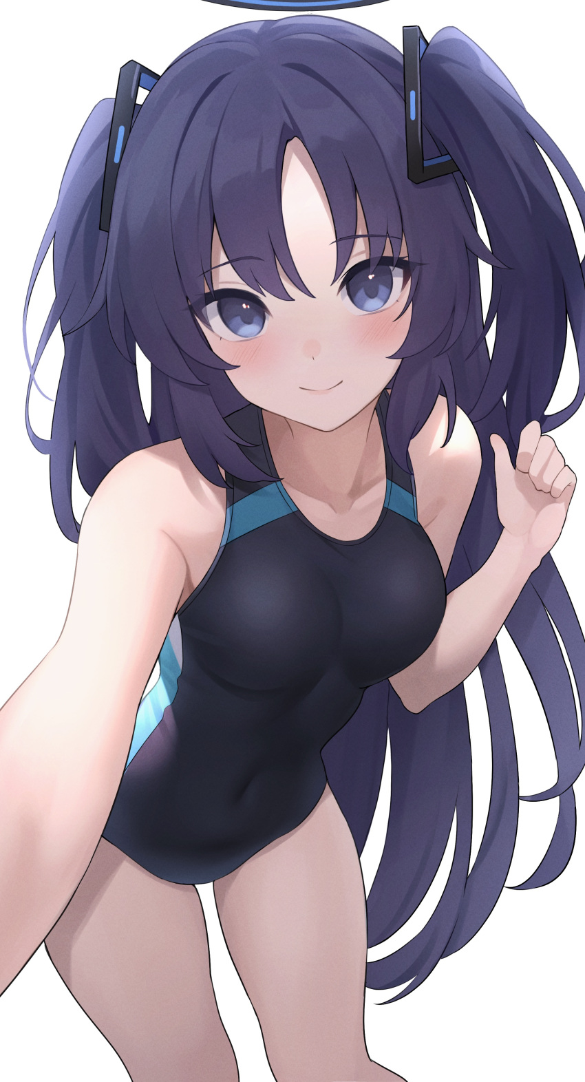 1girl absurdres blue_archive cosplay highres long_hair purple_eyes purple_hair shiroko_(blue_archive) shiroko_(blue_archive)_(cosplay) shiroko_(swimsuit)_(blue_archive) simple_background smile solo tagme two_side_up white_background yuuka_(blue_archive) zeatto