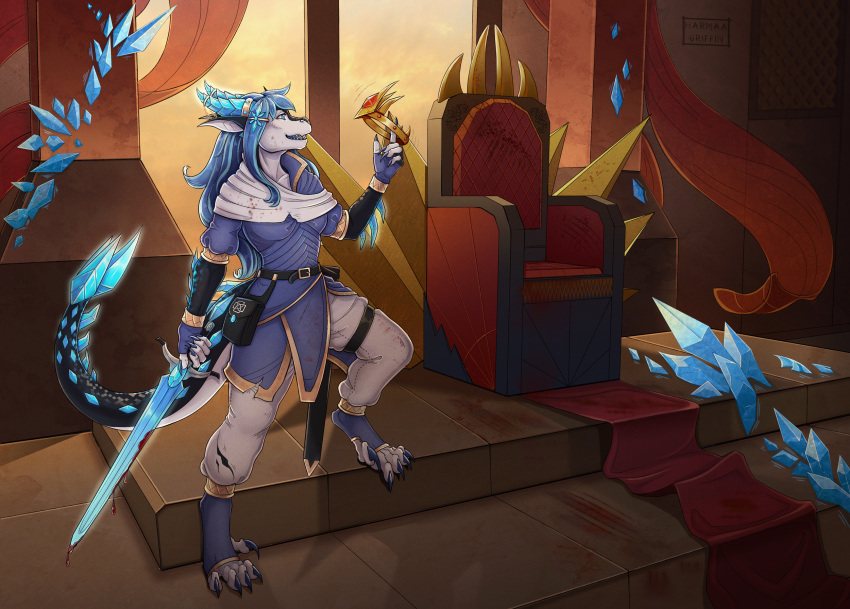 anthro blood blue_hair bodily_fluids crown crystal curtains detailed_background dragon fantasy female gem glowing hair harmaagriffin headgear hi_res ice interior_background jewelry magic melee_weapon solo sunset sword throne_room weapon window