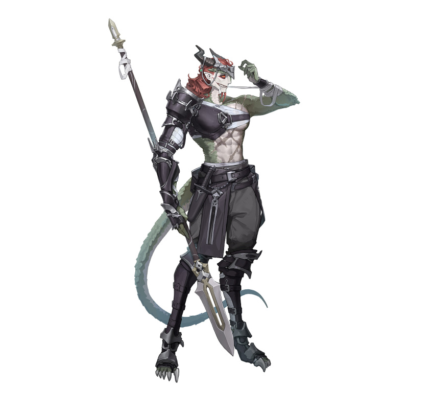 1boy alternate_costume arm_wrap armor belt belt_pouch black_belt black_sash chest_guard circlet claws colored_sclera dagger full_body greaves green_scales grey_pants grin hand_up highres holding holding_polearm holding_weapon horn_ornament horns identity_v knife knife_sheath lizard_tail luchino_(identity_v) majimaji_studio male_focus medium_hair monster_boy mouth_hold pants pauldrons pectorals pointy_ears polearm poleyn pouch profile red_eyes red_hair reptile_boy sash scar scar_on_chest sharp_teeth sheath shoulder_armor simple_background single_pauldron single_vambrace smile solo spear standing tail teeth topless_male vambraces wavy_hair weapon white_background yellow_sclera