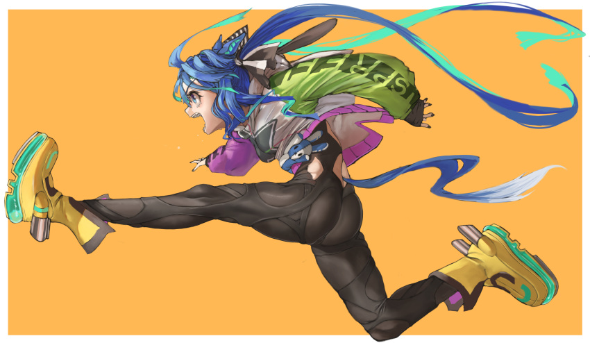 1girl absurdres ahoge animal_ears arms_up ass back_cutout blue_hair bodysuit bodysuit_under_clothes boots border clothing_cutout fingernails floating_hair from_side full_body green_hair highres hood hood_down hooded_jacket horse_ears horse_tail jacket leg_up long_hair long_sleeves multicolored_hair open_clothes open_jacket open_mouth orange_background outside_border outstretched_leg rustycork sharp_teeth simple_background sleeves_past_wrists smile solo stuffed_animal stuffed_toy tail teeth twin_turbo_(umamusume) twintails twisted_torso two-tone_hair umamusume very_long_hair white_border
