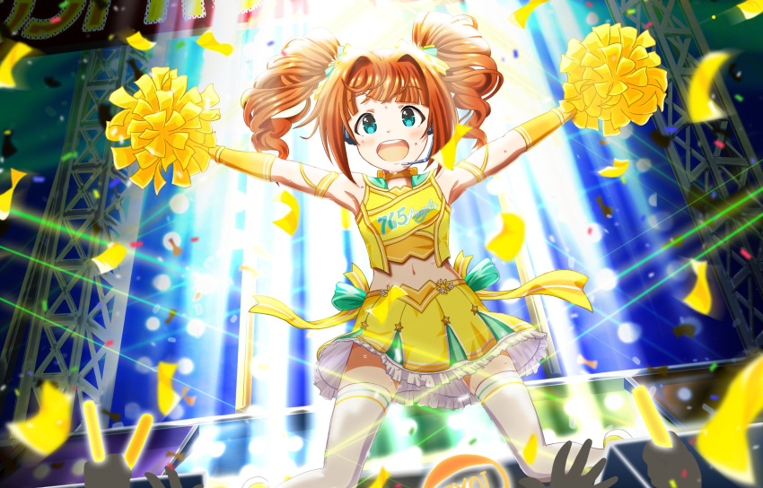 1girl armpits blush brown_hair choker confetti cropped_shirt dot_nose elbow_gloves gloves green_ribbon hair_ribbon headset highres holding holding_glowstick holding_pom_poms idolmaster idolmaster_(classic) idolmaster_million_live! idolmaster_million_live!_theater_days kiwikobo long_hair midriff navel open_mouth outstretched_arms pom_pom_(cheerleading) ribbon round_teeth shirt skirt smile solo spotlight stage stage_lights standing sweat takatsuki_yayoi teeth thighhighs twintails white_thighhighs yellow_armband yellow_choker yellow_gloves yellow_shirt yellow_skirt zettai_ryouiki