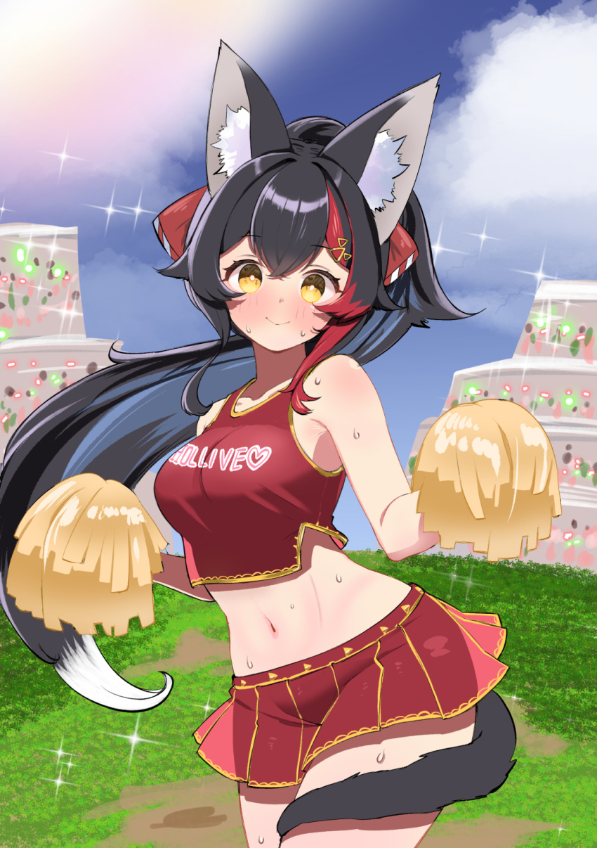 1girl animal_ear_fluff animal_ears bare_arms bare_shoulders blush cheerleader closed_mouth commentary_request contrapposto crop_top curvy embarrassed empty_eyes full-face_blush hair_ornament hairclip highres holding holding_pom_poms hololive kani_bonara long_hair looking_at_viewer midriff multicolored_hair narrow_waist navel nervegear ookami_mio outdoors pom_pom_(cheerleading) ponytail red_hair red_tank_top see-through see-through_silhouette see-through_skirt skirt solo streaked_hair sweat tail tail_around_own_leg tail_wrap tank_top thick_thighs thighs triangle_hair_ornament very_long_hair virtual_youtuber wide_hips wolf_ears wolf_girl wolf_tail yellow_eyes