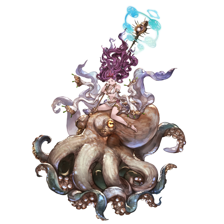 1girl animal_ears anklet barefoot blue_eyes bracelet breasts coral_hair_ornament criss-cross_halter fins granblue_fantasy halterneck head_fins holding holding_staff jewelry minaba_hideo navel octopus official_art purple_hair sitting_on_animal staff thighlet third-party_source varuna_(granblue_fantasy)