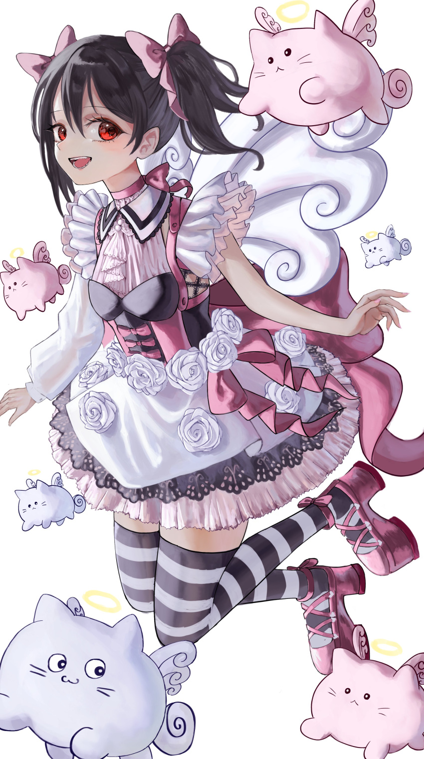 1girl absurdres asymmetrical_sleeves black_hair black_thighhighs bow dress frilled_dress frilled_sleeves frills high_heels highres huge_bow long_sleeves looking_at_viewer love_live! love_live!_school_idol_project medium_hair mismatched_sleeves open_mouth pink_bow pink_footwear red_eyes short_sleeves solo striped striped_thighhighs thighhighs twintails white_background white_thighhighs wings yazawa_nico zen.nico