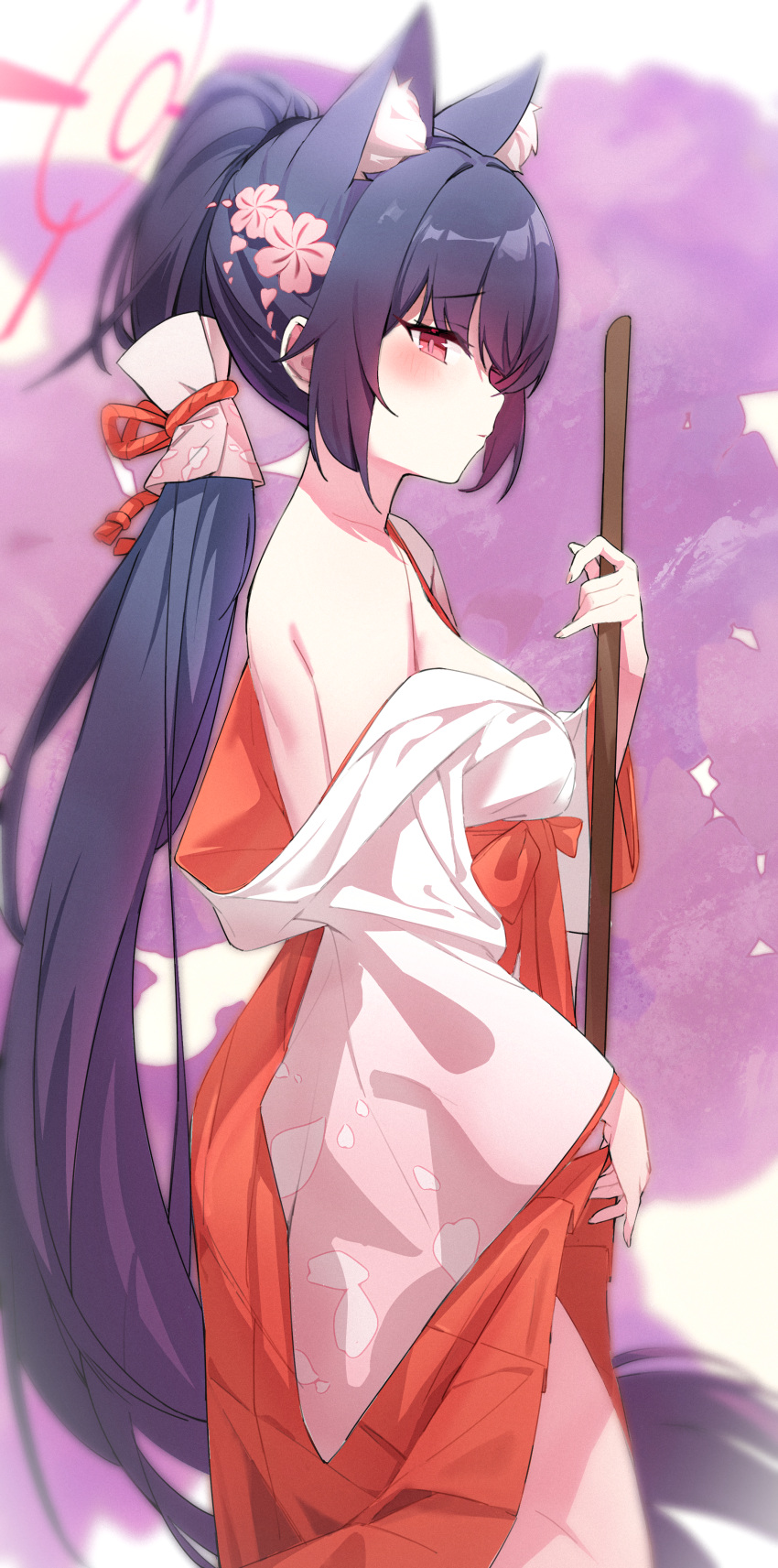 1girl absurdres animal_ear_fluff animal_ears black_hair blue_archive blush broom cat_ears clothes_lift flower from_side hair_flower hair_ornament hakama hakama_lift halo high_ponytail highres holding holding_broom japanese_clothes kimono kimono_pull lifted_by_self long_hair long_sleeves looking_at_viewer looking_to_the_side miko mr.zhuo red_eyes red_hakama serika_(blue_archive) serika_(new_year)_(blue_archive) solo very_long_hair white_kimono wide_sleeves