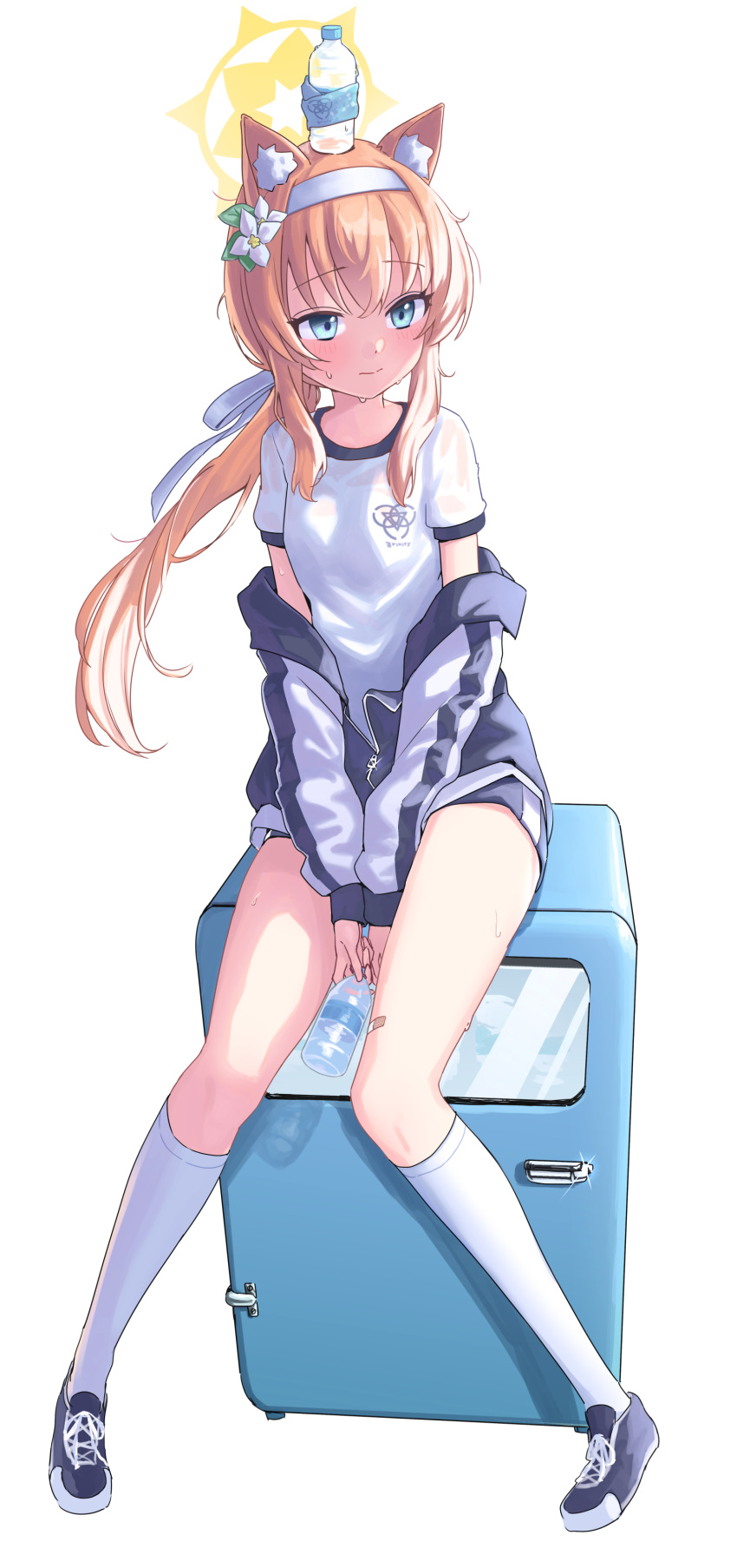 1girl absurdres animal_ears blue_archive fox_ears gym_uniform gyool halo highres looking_at_viewer mari_(blue_archive) mari_(track)_(blue_archive) official_alternate_costume official_alternate_hairstyle ponytail simple_background solo white_background