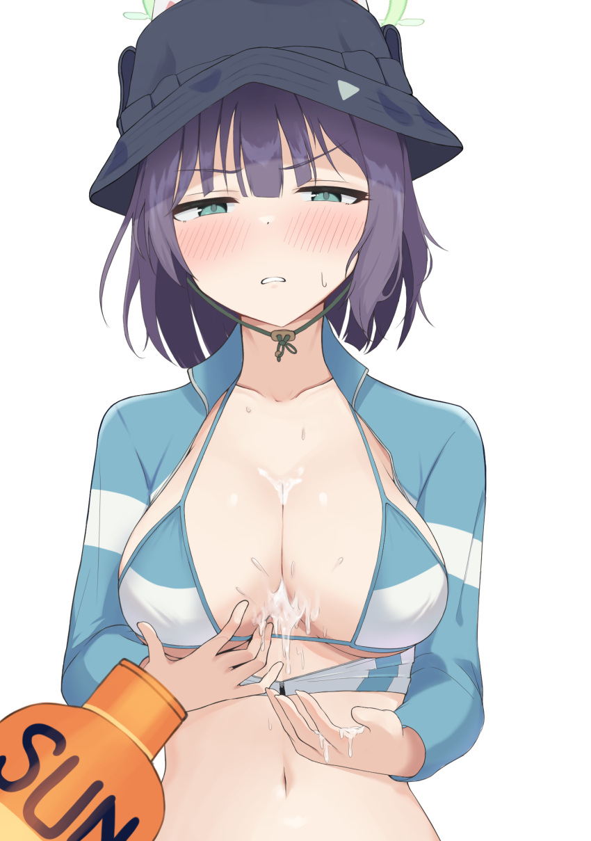 1girl bikini black_headwear blue_archive blush breasts cleavage collarbone green_eyes green_halo halo hat highres large_breasts looking_at_viewer lotion mintchoco_(minchothudong) navel official_alternate_costume open_mouth pov purple_hair raglan_sleeves rash_guard saki_(blue_archive) saki_(swimsuit)_(blue_archive) short_hair simple_background solo suggestive_fluid sunscreen swimsuit upper_body white_background