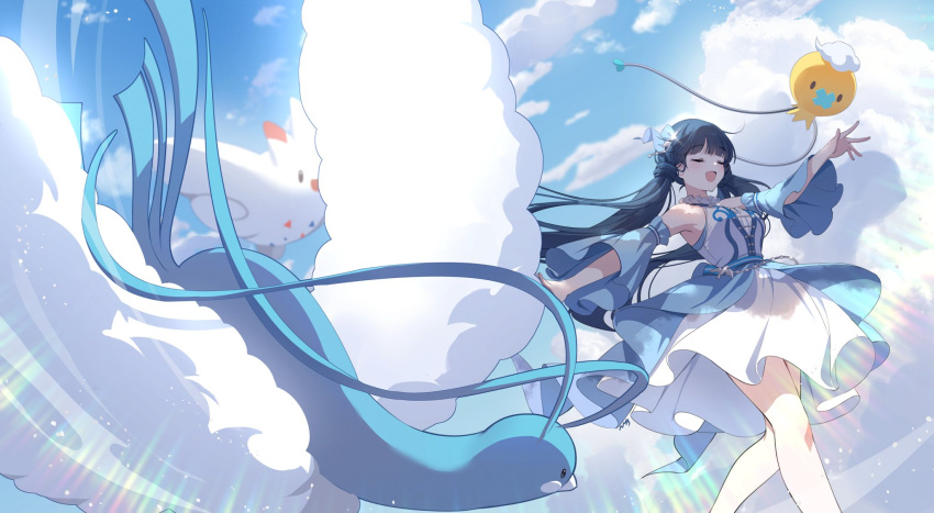 1girl altaria armpits bare_legs blush breasts closed_eyes crossover detached_sleeves dress drifloon feet_out_of_frame flying green_hair highres idolmaster idolmaster_million_live! idolmaster_million_live!_theater_days kitakami_reika long_hair medium_breasts nys outdoors pokemon pokemon_(creature) sleeveless sleeveless_dress smile solo togekiss twintails two-tone_dress very_long_hair