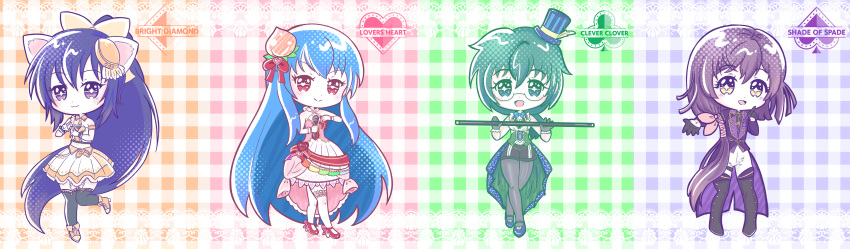 4girls :3 absurdres animal_ears artist_request bakeneko black_thighhighs blue_hair bow cat_ears cat_girl chibi closed_mouth commentary cosplay crossover dress english_commentary english_text glasses green_eyes green_hair hair_bow hair_ornament hat highres hinanawi_tenshi idolmaster long_hair looking_at_viewer microphone multiple_girls noihara_himari omamori_himari open_mouth pantyhose ponytail purple_eyes purple_hair red_eyes short_hair smile symbol-shaped_pupils tessou_tsuzuri thighhighs toaru_kagaku_no_railgun toaru_majutsu_no_index tokyo_ravens touhou tsuchimikado_natsume very_long_hair yellow_eyes zettai_ryouiki