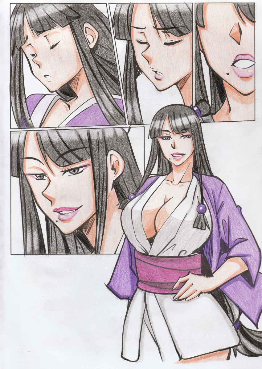 1girl absurdres ace_attorney aya_yanagisawa black_eyes black_hair breasts cleavage closed_eyes coat collaboration collarbone colored_pencil_(medium) commission english_commentary eyeshadow floating_hair hair_behind_ear half_updo highres japanese_clothes kimono large_breasts long_hair looking_at_viewer low-tied_long_hair makeup maya_fey mia_fey mixed_media mole mole_under_mouth obi parted_lips pink_lips purple_coat purple_eyeshadow sash second-party_source sidelocks smile traditional_media transformation very_long_hair white_kimono yukiko-sakurey