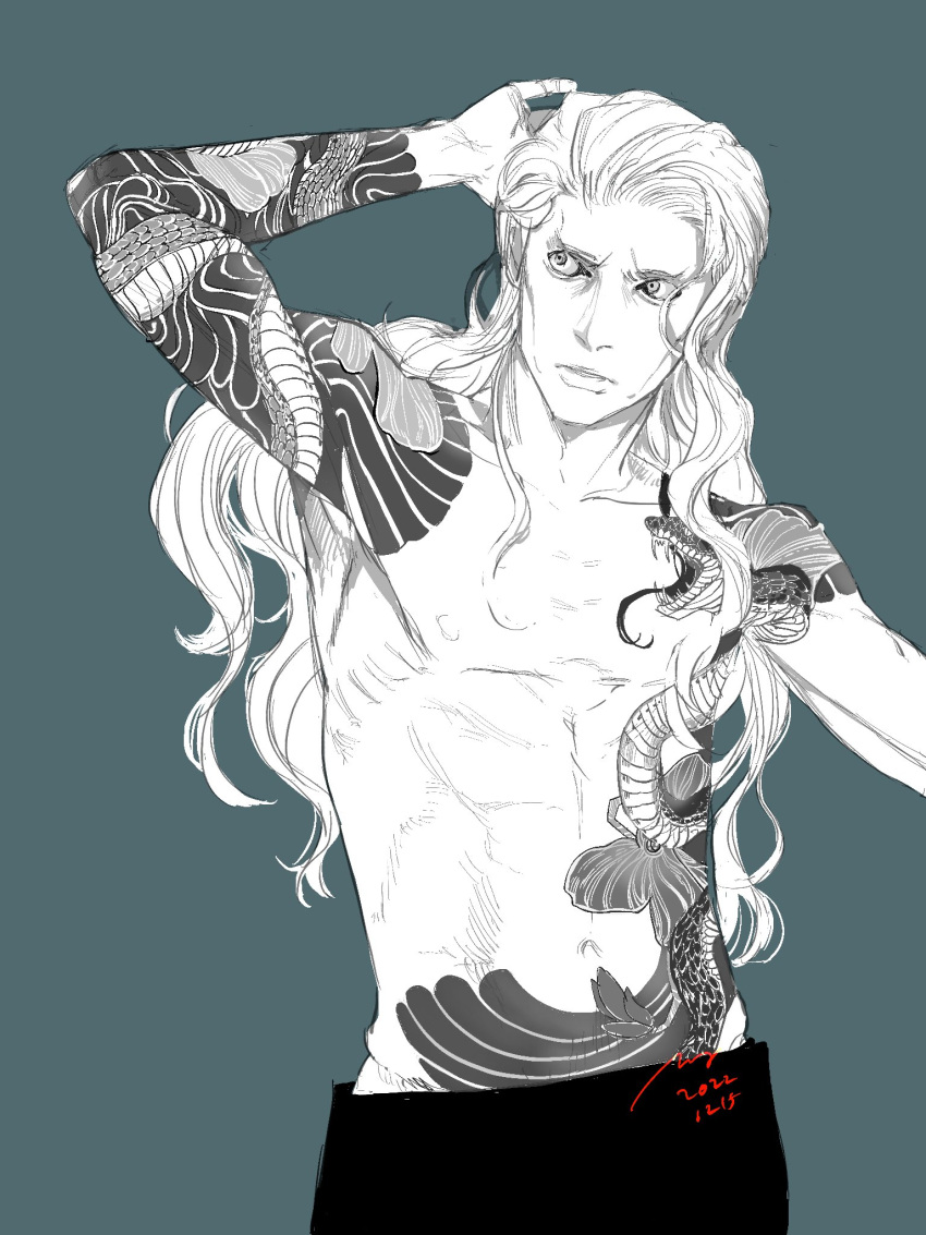 1boy almostghost arm_tattoo black_pants blonde_hair blue_background greyscale hand_on_own_head highres hinrigh_biganduffno hunter_x_hunter irezumi long_hair looking_to_the_side mafia male_focus monochrome pants signature snake_tattoo solo tattoo topless topless_male upper_body