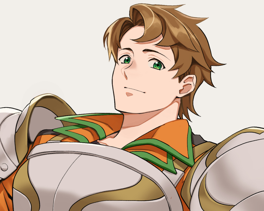 1boy armor boucheron_(fire_emblem) brown_hair closed_mouth fire_emblem fire_emblem_engage green_eyes homa_kura looking_at_viewer male_focus portrait short_hair shoulder_armor simple_background solo white_background