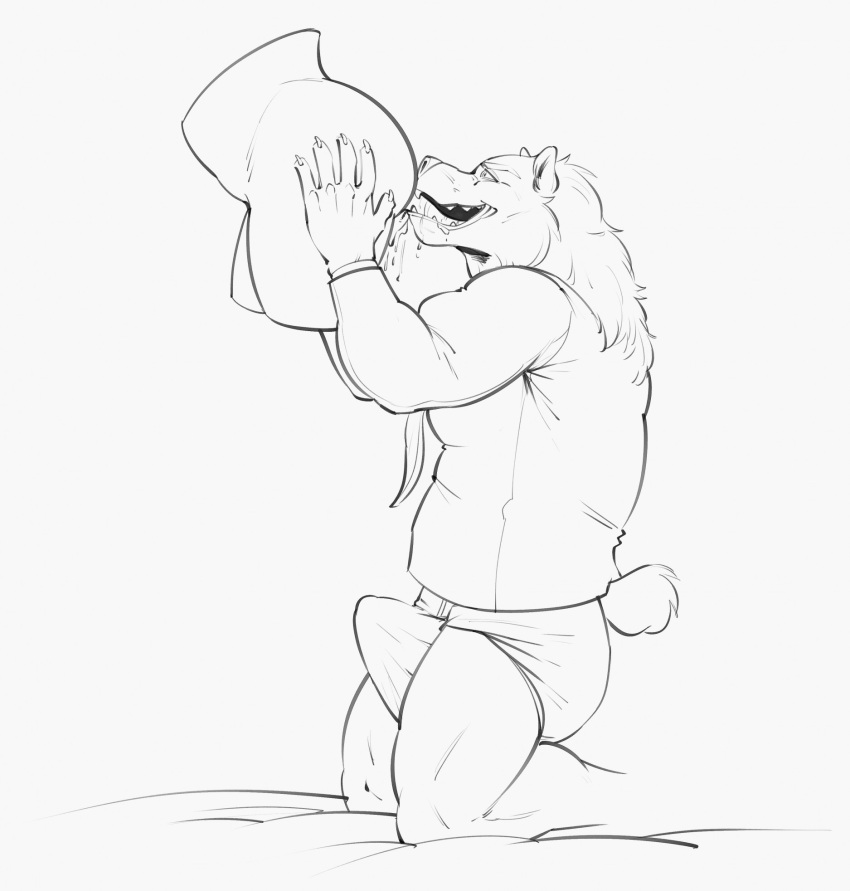 anthro bear bodily_fluids brown_bear clean_diaper clothed clothing diaper diaper_bulge erection erection_in_diaper erection_under_bottomwear erection_under_clothing grizzly_bear hair hi_res kneeling kuruk_(character) licking_sex_toy male mammal mane mane_hair necktie partially_clothed penetrable_sex_toy saliva sex_toy shirt sloppy solo topwear ursine wearing_diaper yeenyeenmike